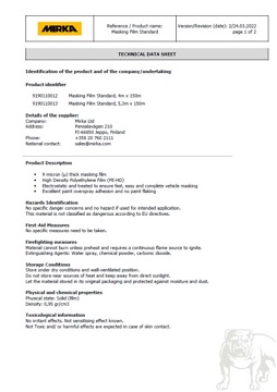 Yorkshire Spray Services Ltd - Mirka Essentials - Masking Film Standard - Mirka Technical Data Sheet
