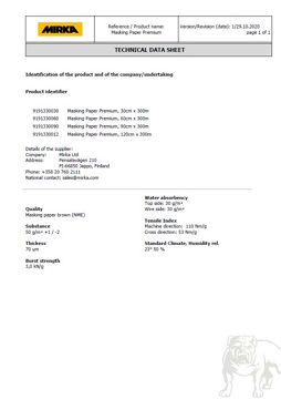 Yorkshire Spray Services Ltd - Mirka Essentials - Masking Paper Premium - Mirka Technical Data Sheet